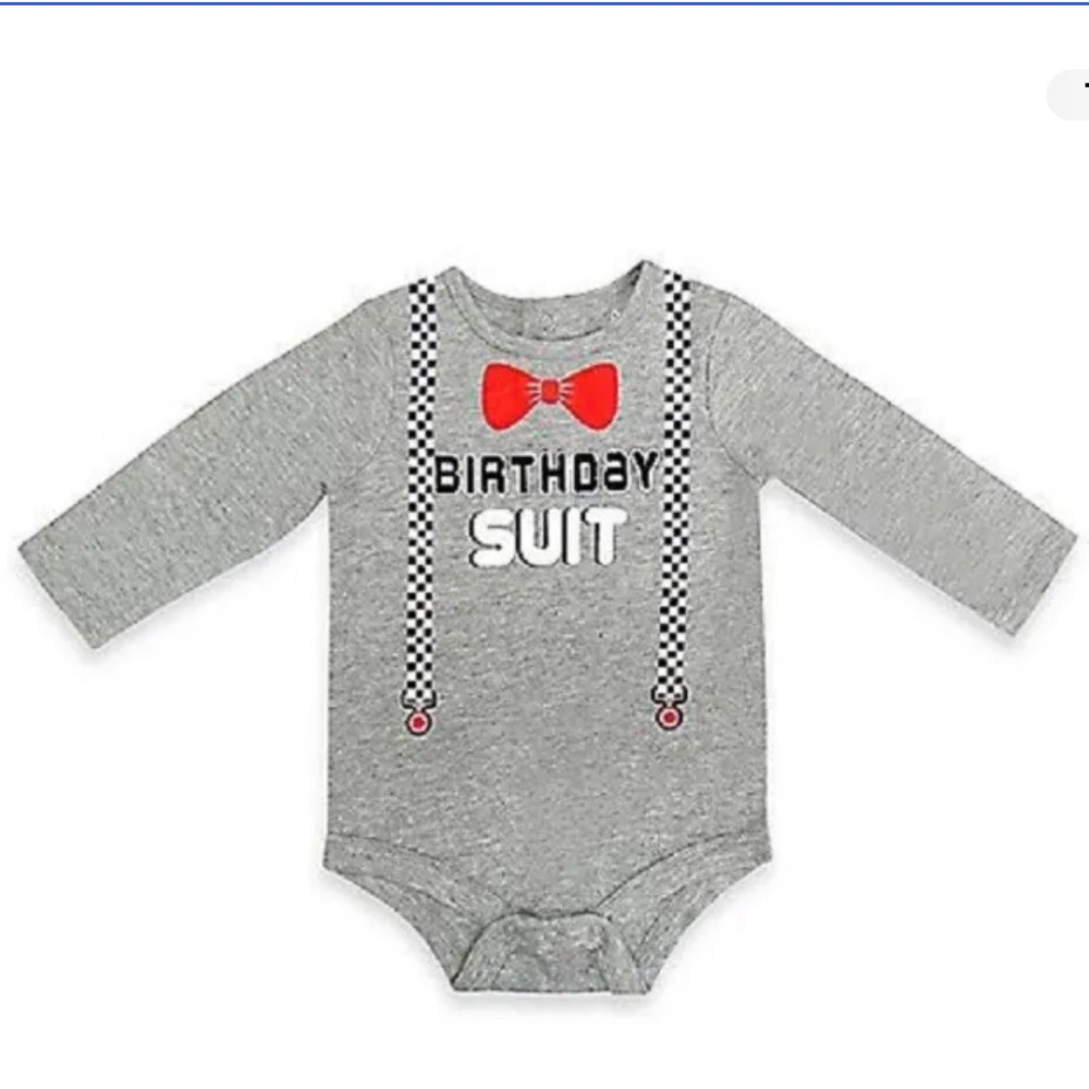 Kidtopia Birthday Suit Long Sleeve Grey Bodysuit Faux Bow Suspenders 9M NEW